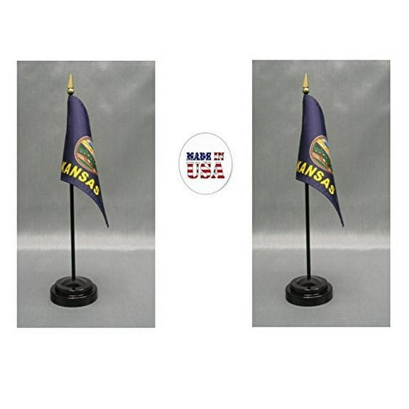 Made in the USA. 2 Kansas 4"x6" Miniature Desk & Table Flags Includes 2 Flag Stands & 2 Kansas State Small Mini Stick Flags