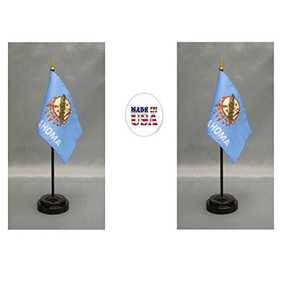 Made in the USA. 2 Oklahoma 4"x6" Miniature Desk & Table Flags Includes 2 Flag Stands & 2 Oklahoma State Small Mini Stick Flags