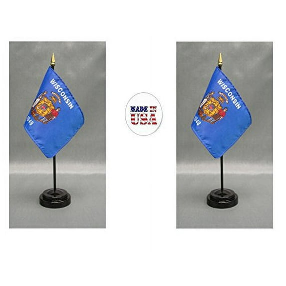 Made in the USA. 2 Wisconsin 4"x6" Miniature Desk & Table Flags Includes 2 Flag Stands & 2 Wisconsin State Small Mini Stick Flags