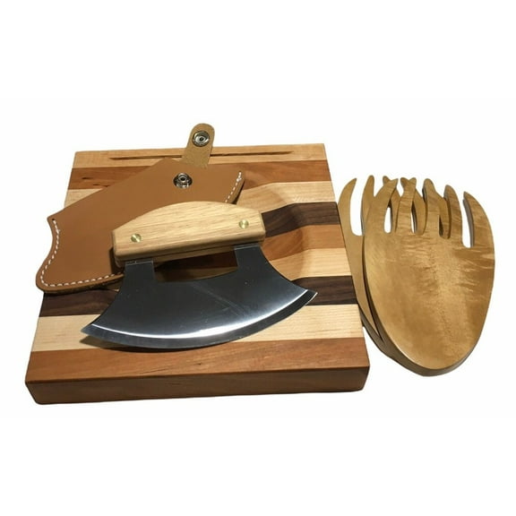 Made in the USA Cherry,Oak & American Walnut Wood Ulu Chopping Bowl / Board Top SLOT Birch Handle Knife Sheath Salad Paws BUNDLE
