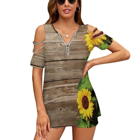 Made to Love Womens Summer V Neck Zipper Top Short Sleeve T Shirt Off Shoulder Top Casual Classy Loose Shirts