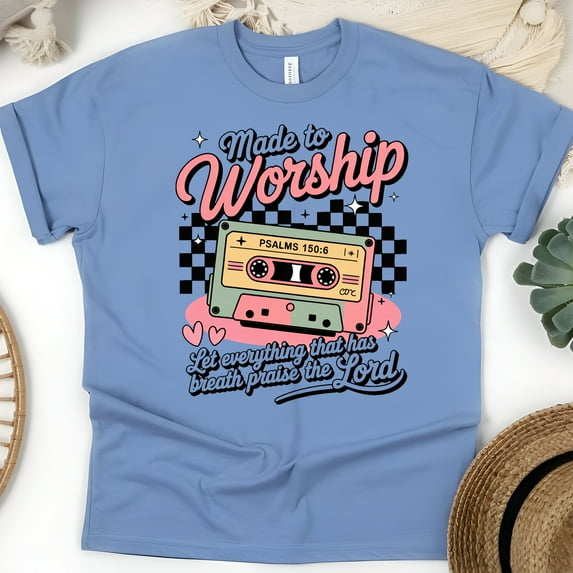 Made to Worship Christian Shirt | Psalms 150:6 Retro Cassette Graphic Tee , CarolinaBlue, Size 2XL