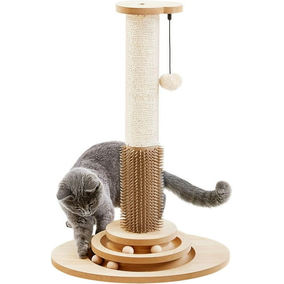 23" Tall Sisal Cat Scratcher Post with Self Groomer, 4-in-1 Interactive Trackball Toys, Vertical Climbing Tree with Dangling Balls