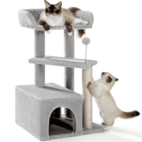 Made4Pets 3-Level Cat Tree with 2-Door Condo, Scratching Posts, Toy Ball, and Top Bed, Gray