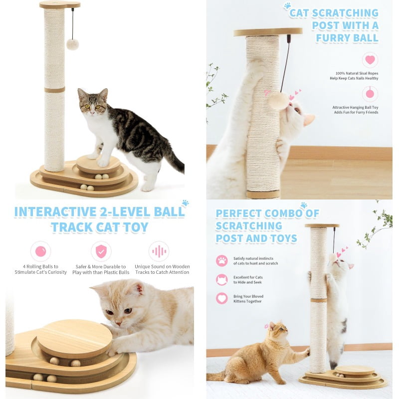 Made4Pets 32" Tall Cat Scratching Post with Sisal Scratcher, 2-Tier Ball Track & Hanging Toys, Multi-Level Cat Activity Center with Sturdy Wooden Base for Indoor Cats & Kittens