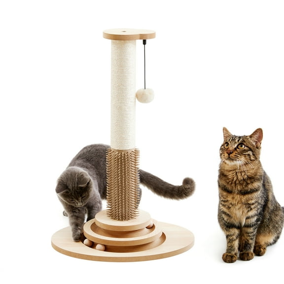 Made4Pets 4-Level 23.23 in Cat Scratching Post with Self Groomer, Interactive Trackball Toys & Dangling Plush Balls, Beige