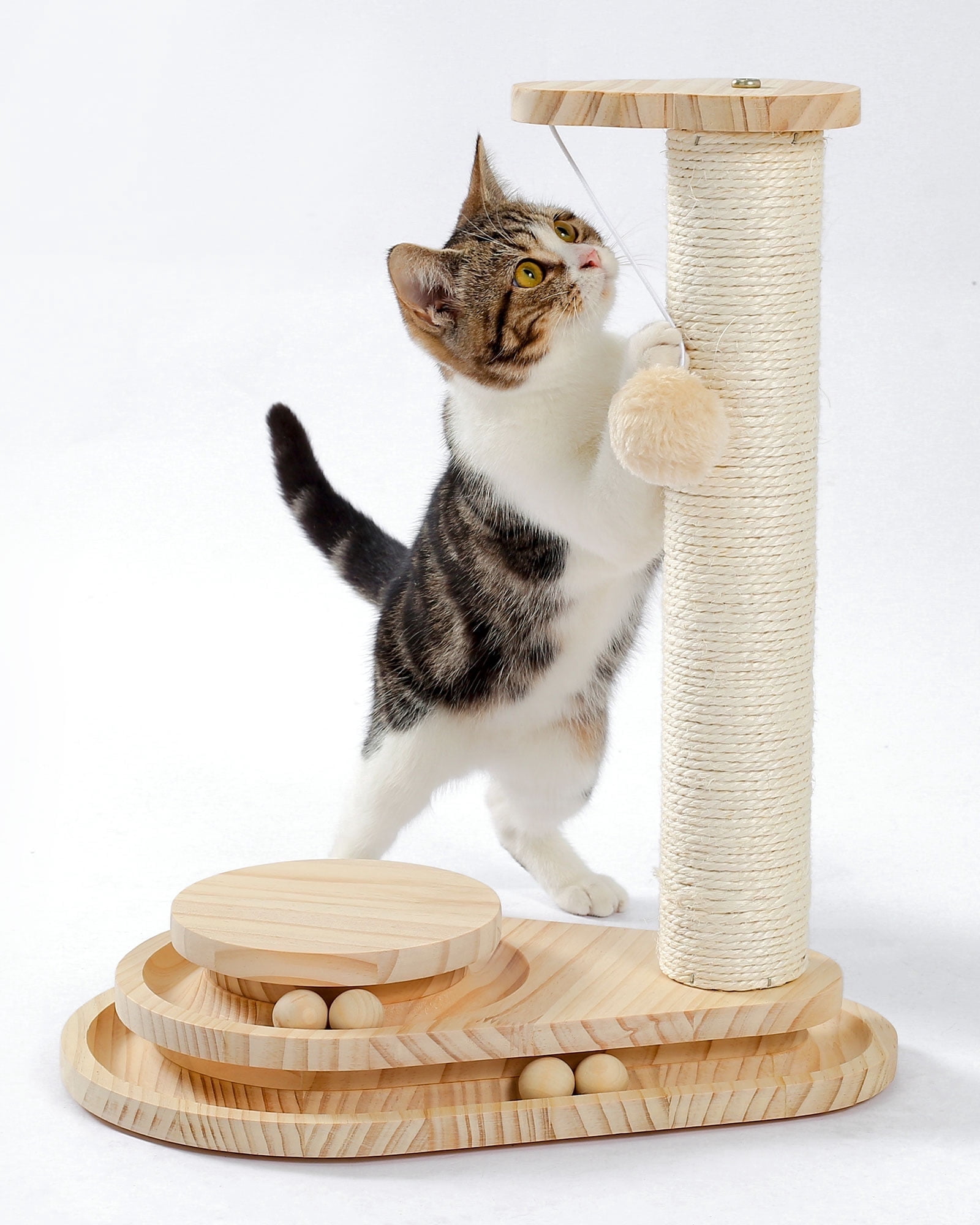 Made4Pets Beige Wooden Cat Scratching Post with Play Ball Interactive Toy，5"L x 9.8"W x 17.7"H