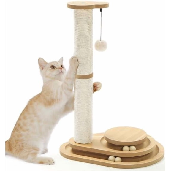 Made4Pets Cat Scratching Post Cat Scratcher Kitten Toys for Indoor Cats Wooden Ball Track Two-Layer Modern Sisal 23.4" Tall Scratch Post Interactive Toy with Dangling Ball Middle Size