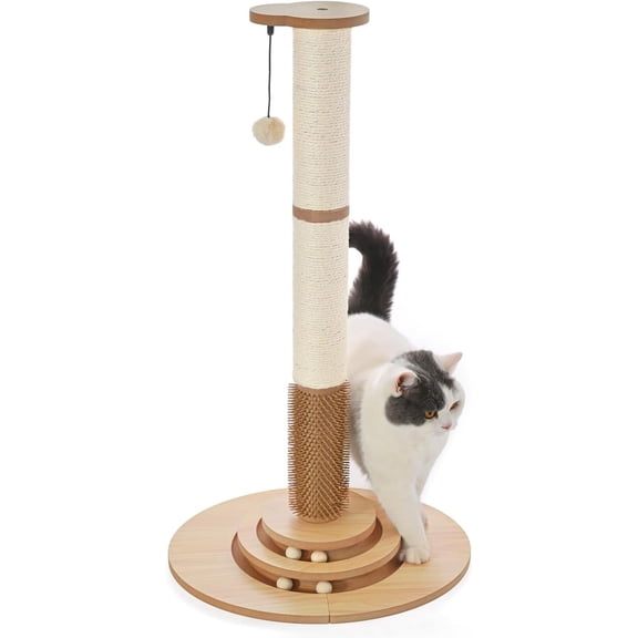 Made4Pets Cat Scratching Post Premium Sisal Cat Scratcher Kitten Toys for Indoor Kittens 33.6" Tall Cat Tower Scratch Post Cat Tree Wooden Interactive Ball Track Cat Toy with Hanging Ball, Beige