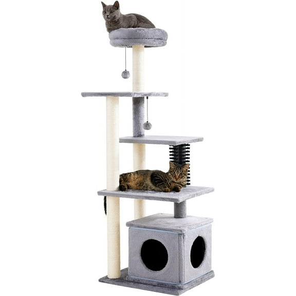 Made4Pets Cat Tree, DIY 43.3" Cat Tower for Indoor Cats, Multi-Level Large Cat Condo with Scratching Posts, Plush Kitten Climbing Tower with Cat Grooming Brush and Perch, Grey