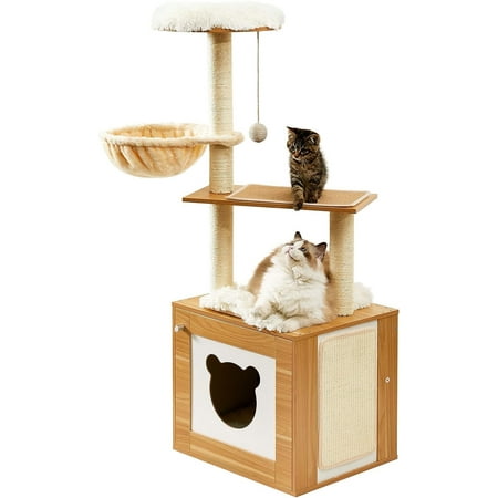 Made4Pets Cat Tree with Litter Box Enclosure, 48.6" Wood Kitten Condo with Scratching Post and Hammock, Removable Scratch Pad for Large Cats