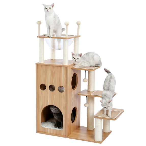 Made4Pets Modern Wood 51-Level Extra Tall 51.2" Cat Tree with Scratch Post, Brown