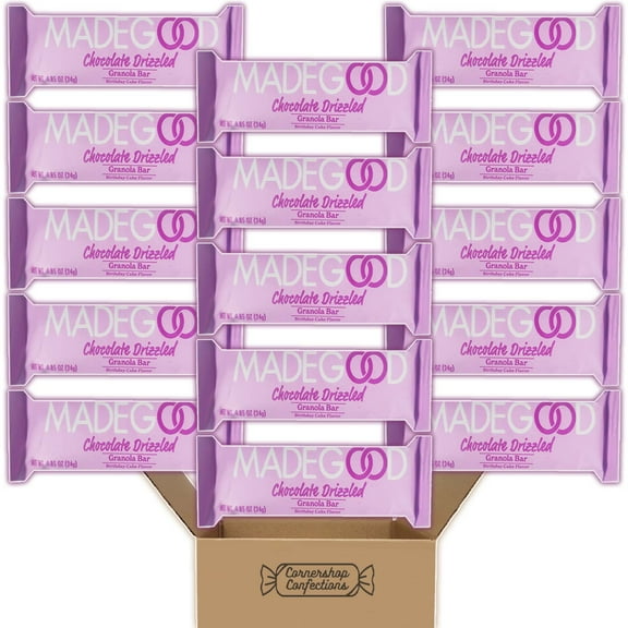MadeGood Birthday Cake Chocolate Drizzled Granola Bars Bulk Pack - 15 Individually Sealed 0.85 Ounce Granola Bars - Nut free, Gluten Free, Vegan, Non GMO, Kosher in Cornershop Confections Pack
