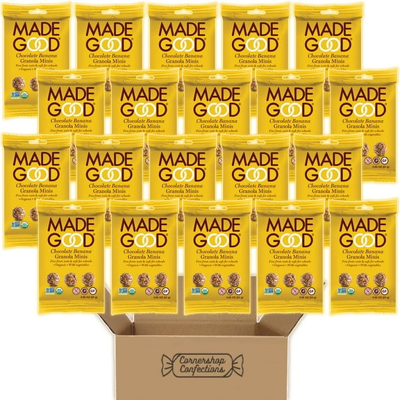 MadeGood Chocolate Banana Granola Minis Bulk Pack - 20 Individually Sealed 0.85 Ounce Pouches - Nut free, Gluten Free, Dairy Free, Vegan, Non-GMO, Certified Organic - In Cornershop Confections Pack