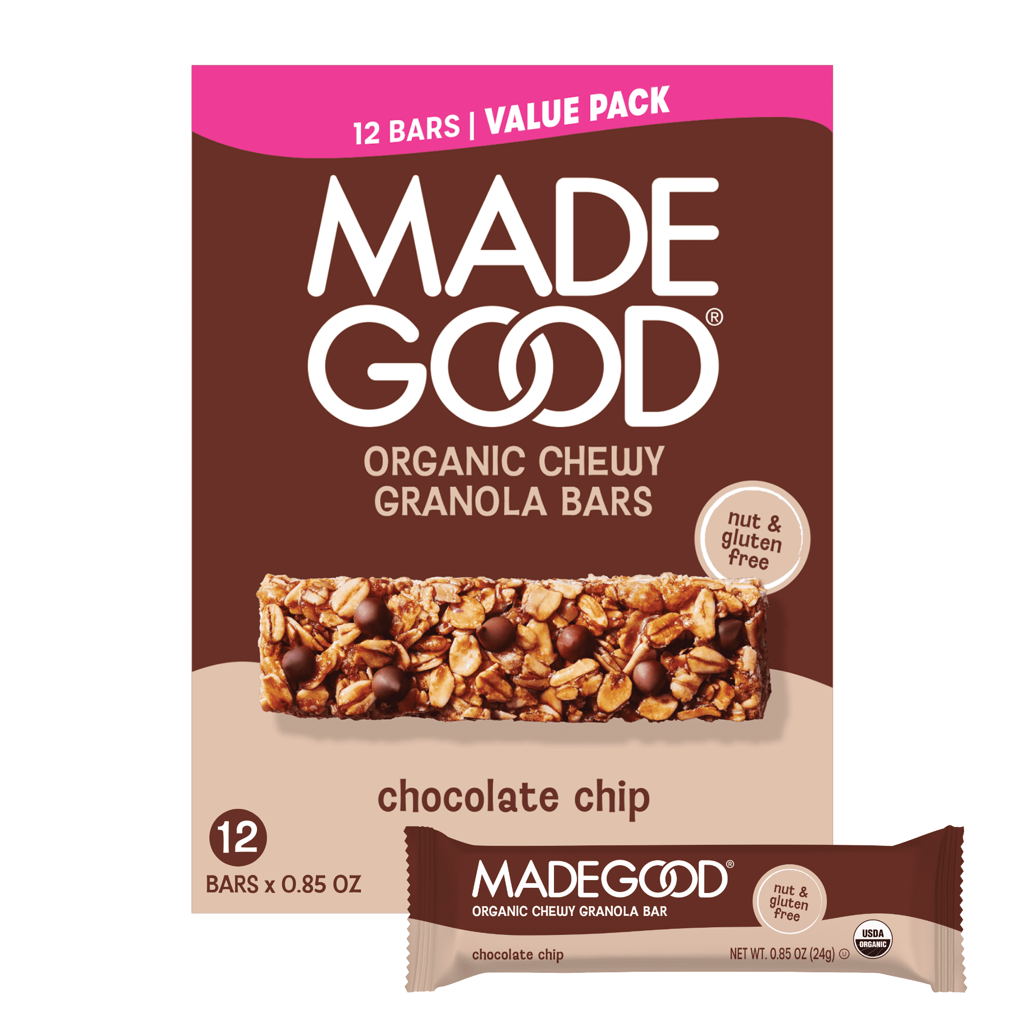MadeGood Chocolate Chip Granola Bars, 12 Healthy Snack Bars, 0.85 oz Each