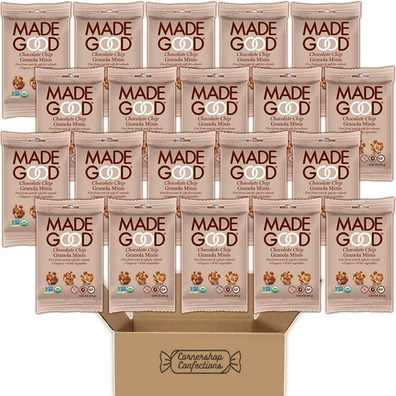 MadeGood Chocolate Chip Granola Minis Bulk Pack - 20 Individually Sealed 0.85 Ounce Pouches - Nut free, Gluten Free, Dairy Free, Vegan, Non-GMO, Certified Organic in Cornershop Confections Pack