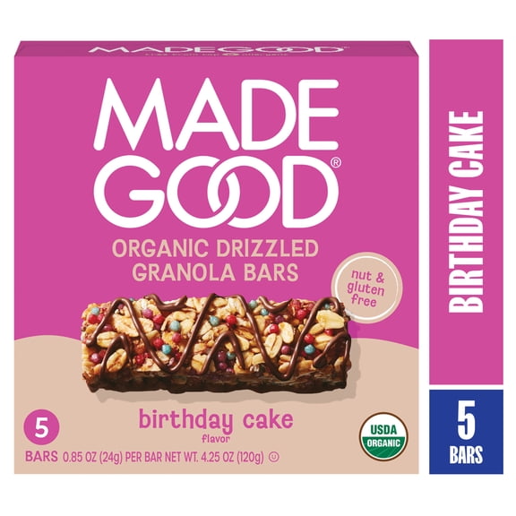 MadeGood Chocolate Drizzle Birthday Cake Granola Bars, 5 Healthy Snack Bars, 0.78 oz