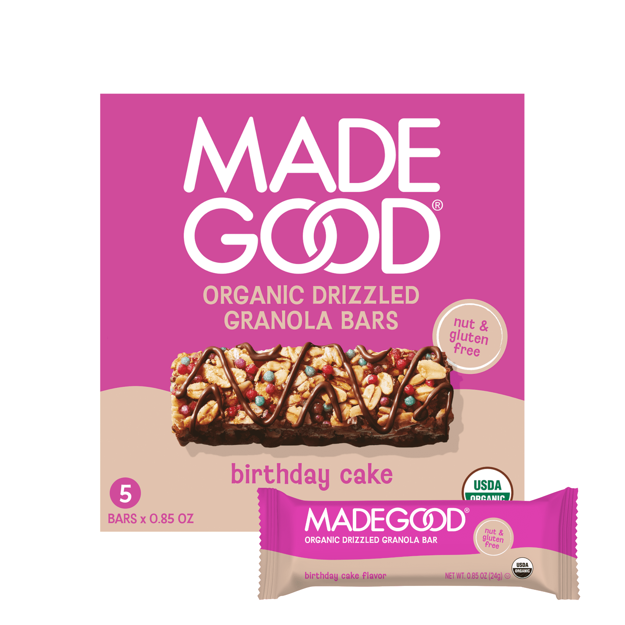 MadeGood Chocolate Drizzle Birthday Cake Flavor Granola Bars, 5 Count (0.78oz Each)
