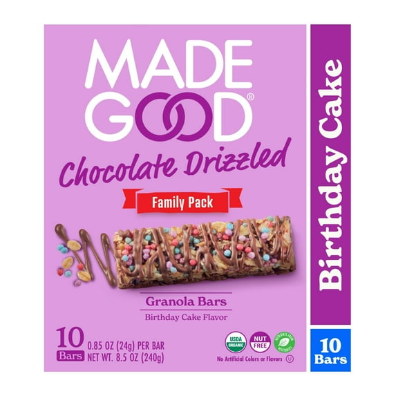 MadeGood Chocolate Drizzle Birthday Cake Granola Bars, 10 Healthy Snack Bars, 0.85 Oz pack of 2