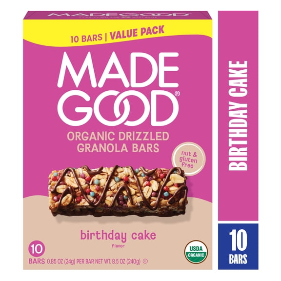 MadeGood Chocolate Drizzle Birthday Cake Granola Bars, 10 Healthy Snack Bars, 0.78 oz