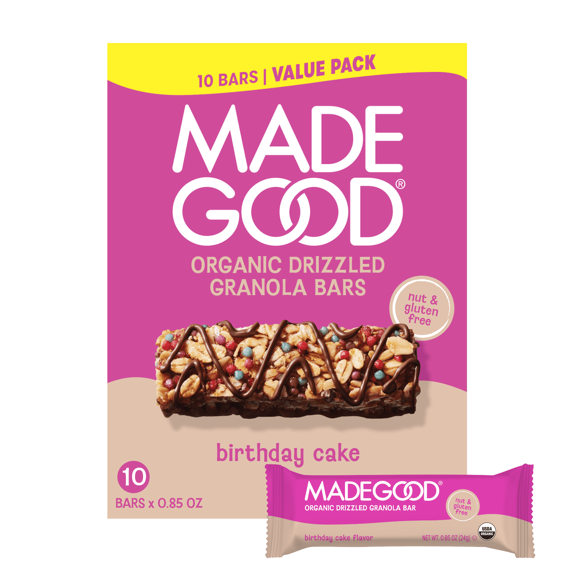 MadeGood Chocolate Drizzle Birthday Cake Granola Bars, 10 Snack Bars, 0.78 oz