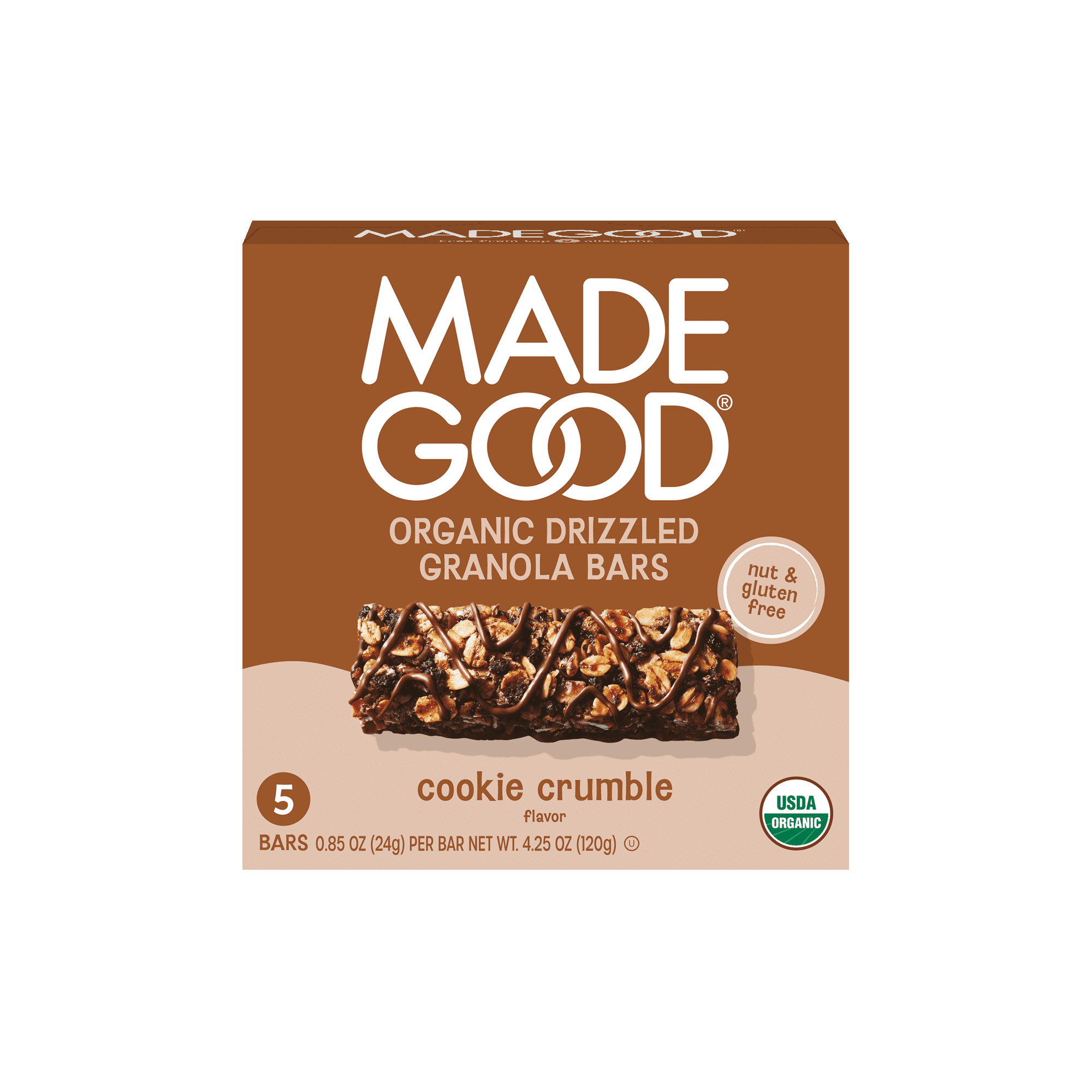 MadeGood Chocolate Drizzled Cookie Crumble Granola Bars, 5 Healthy Snack Bars, 0.78 oz Each