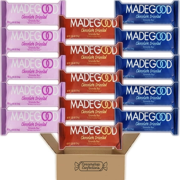 MadeGood Chocolate Drizzled Granola Bars Variety Pack - 3 Flavors - Vanilla, Cookie Crumble and Birthday Cake - 5 Separate 0.85 Ounce Granola Bars of Each Flavor in Cornershop Confections Pack