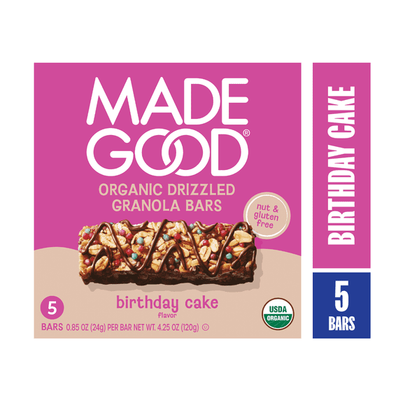MadeGood Granola Bars Chocolate Drizzle Birthday Cake, Gluten-Free Organic Snack Bars, 5 Count