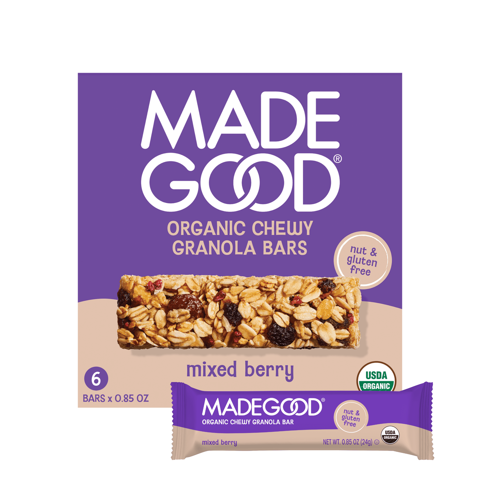MadeGood Mixed Berry Granola Bars, 6 Healthy Snack Bars, 0.85 oz Each