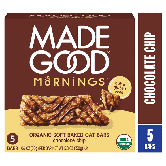 MadeGood Mornings Chocolate Chip Breakfast Bars, 5 Count (1.06oz Each)