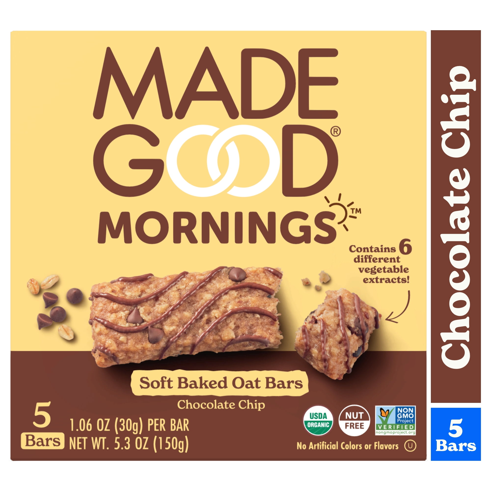 MadeGood Mornings Chocolate Chip Breakfast Bars, 5 Count (1.06oz Each)