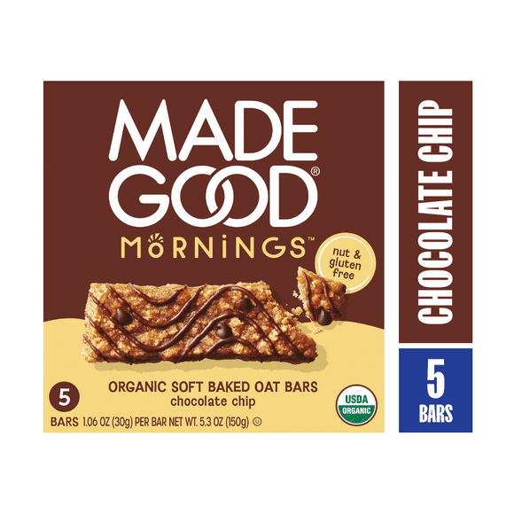 MadeGood Mornings Chocolate Chip Breakfast Bars, 5 Count (1.06oz Each)