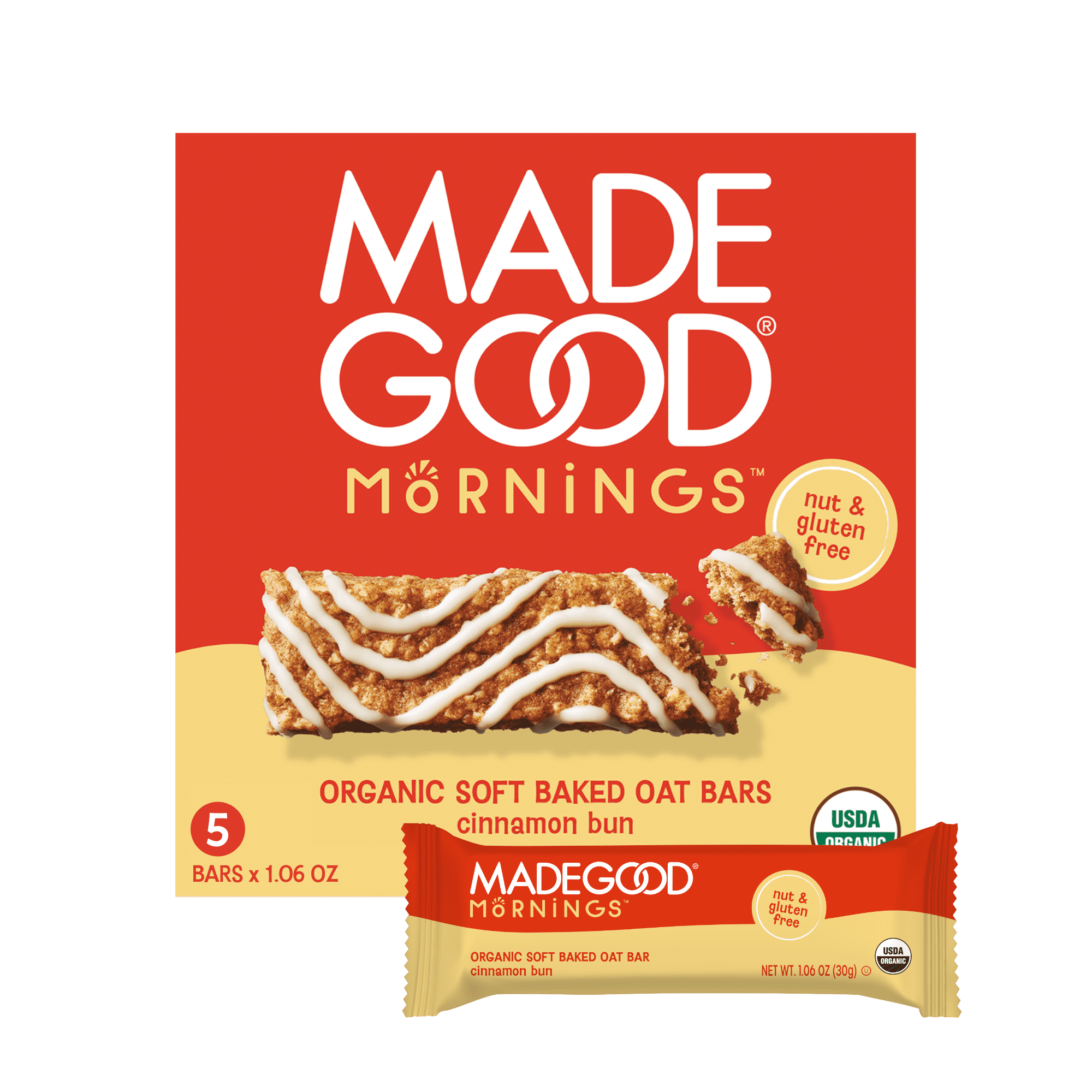 MadeGood Mornings Cinnamon Bun Breakfast Bars, 5 Count (1.06oz Each)