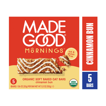 MadeGood Mornings Cinnamon Bun Breakfast Bars, 5 Count (1.06oz Each)