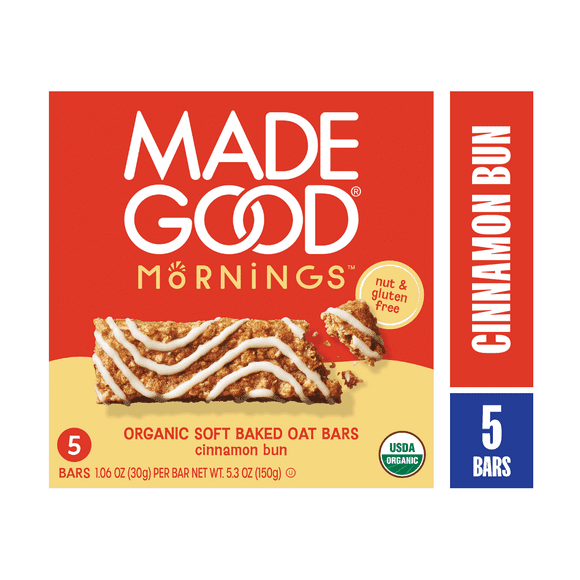 MadeGood Mornings Cinnamon Bun Breakfast Bars, 5 Count (1.06oz Each)
