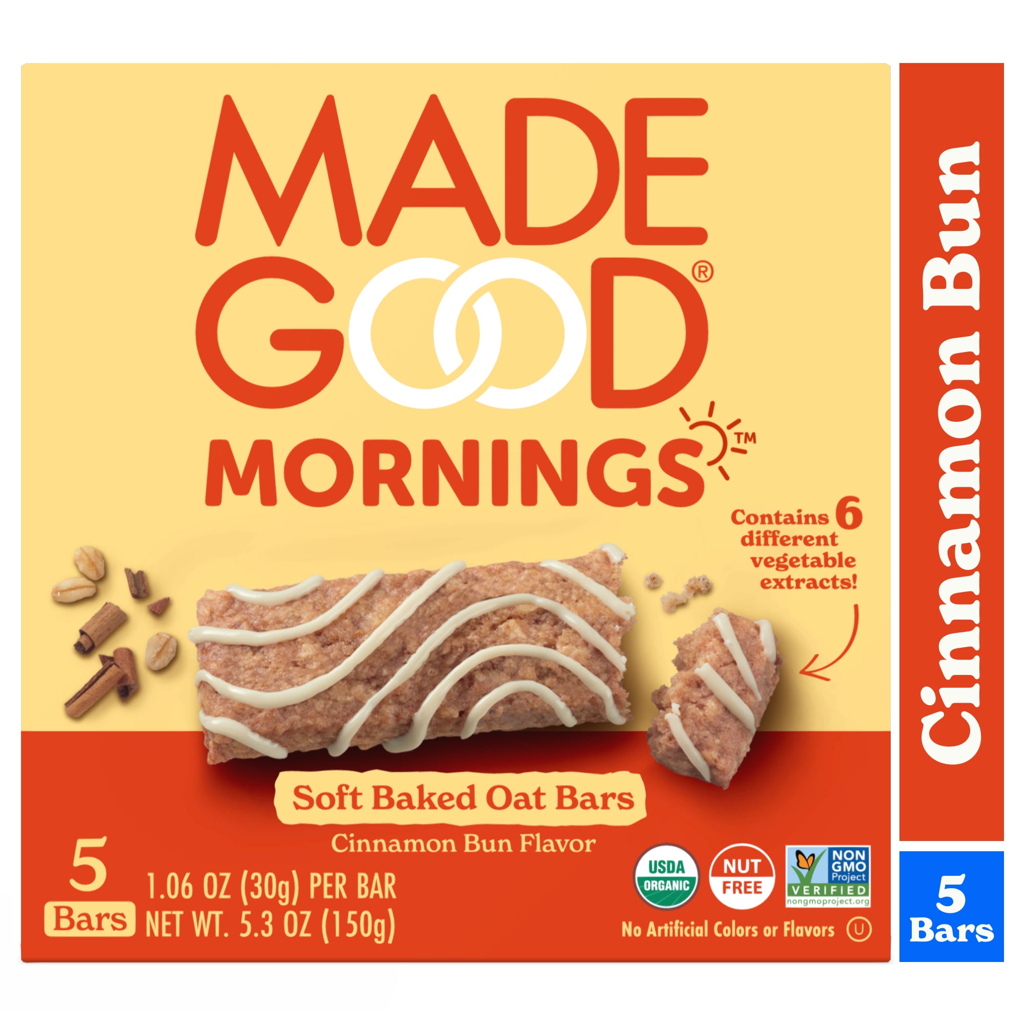 MadeGood Mornings Cinnamon Bun Breakfast Bars, 5 Count (1.06oz Each)