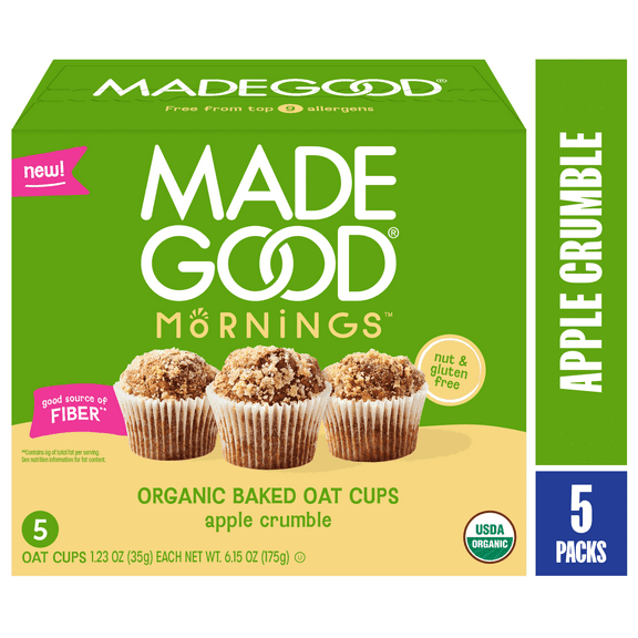 MadeGood Mornings Organic Apple Crumble Baked Oat Cups, 5 Count, 1.23oz