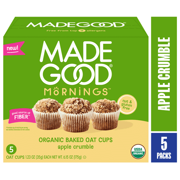 MadeGood Mornings Organic Apple Crumble Baked Oat Cups, 5 Count, 1.23oz