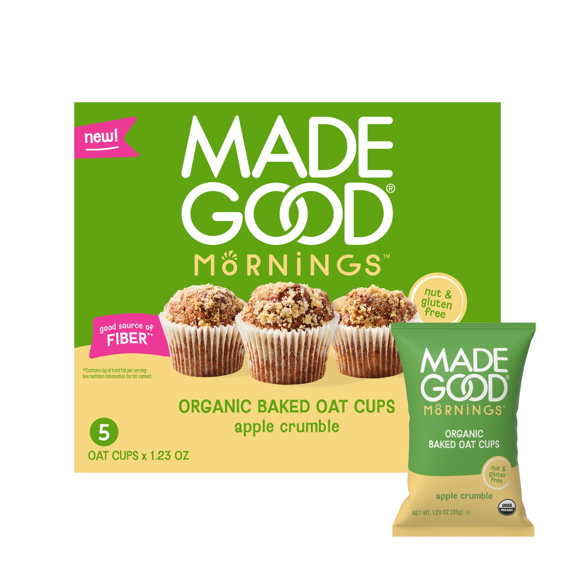 MadeGood Mornings Organic Apple Crumble Baked Oat Cups, 5 Count, 1.23oz