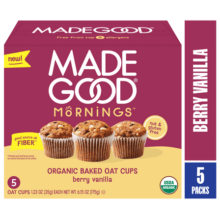 MadeGood Mornings Organic Berry Vanilla Baked Oat Cups, 5 Count, 1.23oz