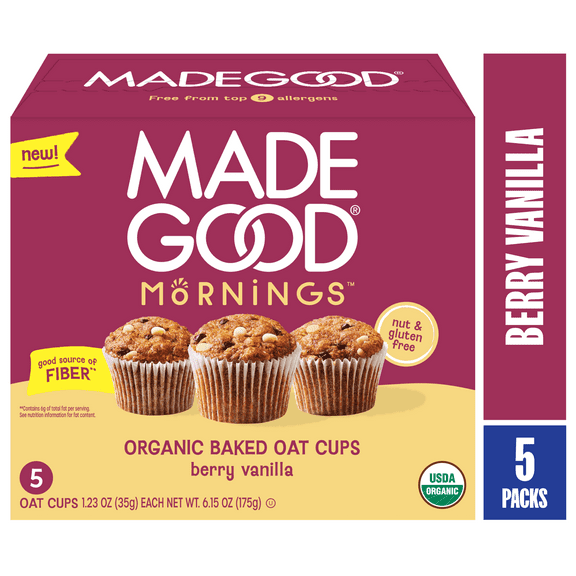 MadeGood Mornings Organic Berry Vanilla Baked Oat Cups, 5 Count, 1.23oz