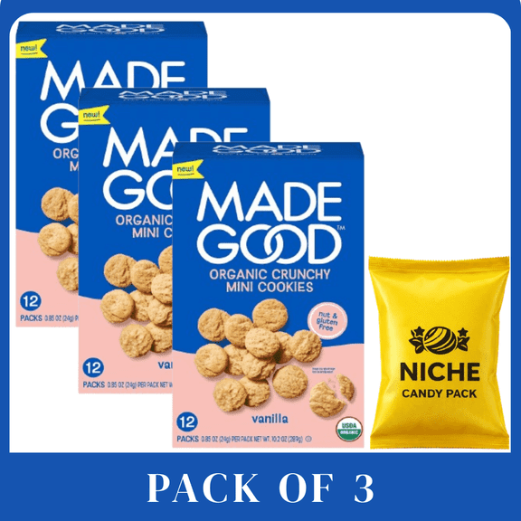 MadeGood Organic Gluten Free Mini Crunchy Vanilla Cookies 10.2oz (12Count) Organic, NonGMO, Vegan, AllergyFriendly Snack 3Pack
