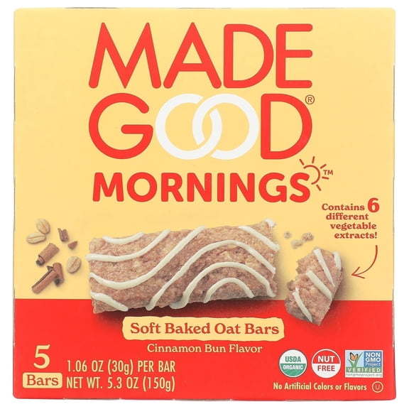MadeGood Organic Mornings Soft Baked Oat Bars Cinnamon Bun - 5 Bars Pack of 4