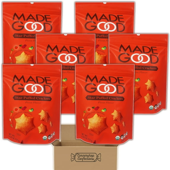 MadeGood Pizza Flavor Star Puffed Crackers Bulk Pack - 6 Individually Sealed 4.26 Ounce Bags - For On The Go Snacks, Lunches, Movie Nights, Parties and Much More in Cornershop Confections Pack