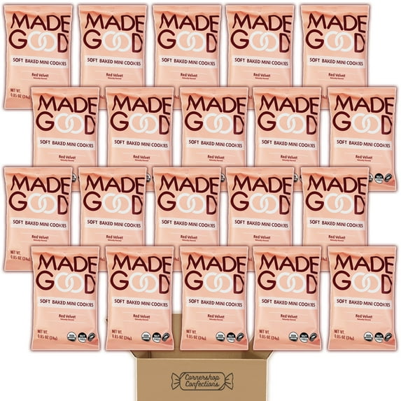 MadeGood Red Velvet Soft Baked Mini Cookies Bulk Pack - 20 Individually Sealed 0.85 Ounce Packs - Nut free, Gluten Free, Vegan, Non GMO, Certified Organic in Cornershop Confections Pack