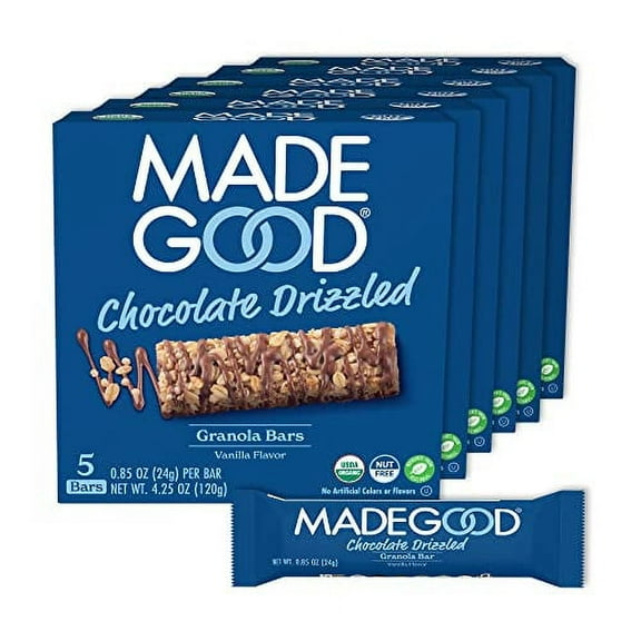 MadeGood Vanilla Chocolate Drizzled Granola Bars - Gluten Free Granola Bar Snacks - 6 Boxes, 30 Ct