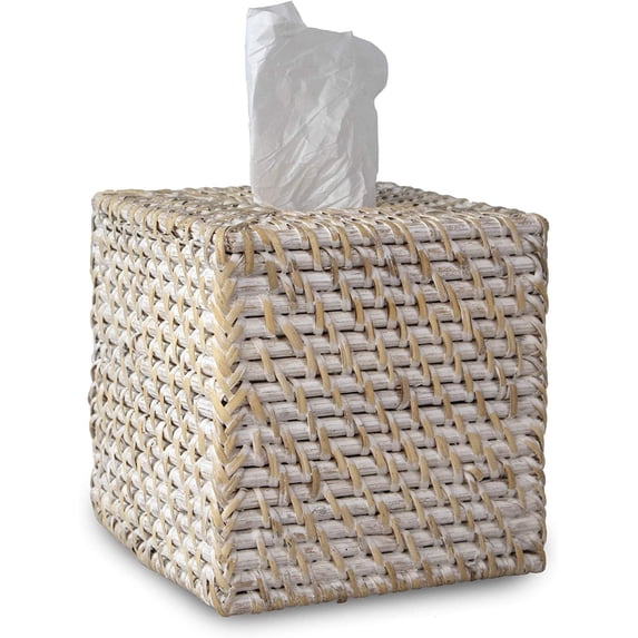 MadeTerra Rattan Decorative Tissue Box Cover for Bathrooms, Living Rooms and Bedrooms (Square Whitewash)