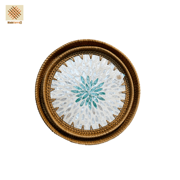 MadeTerra S Set of 2 PCS Mother of Pearl Inlay Round Rattan Serving Tray with Wooden Base, Decorative, Round Tray as Coffee Table Decor, Serving Tray for Bread Fruit Food Coffee Breakfast