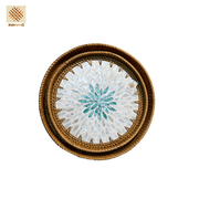 MadeTerra S Set of 2 PCS Mother of Pearl Inlay Round Rattan Serving Tray with Wooden Base, Decorative, Round Tray as Coffee Table Decor, Serving Tray for Bread Fruit Food Coffee Breakfast