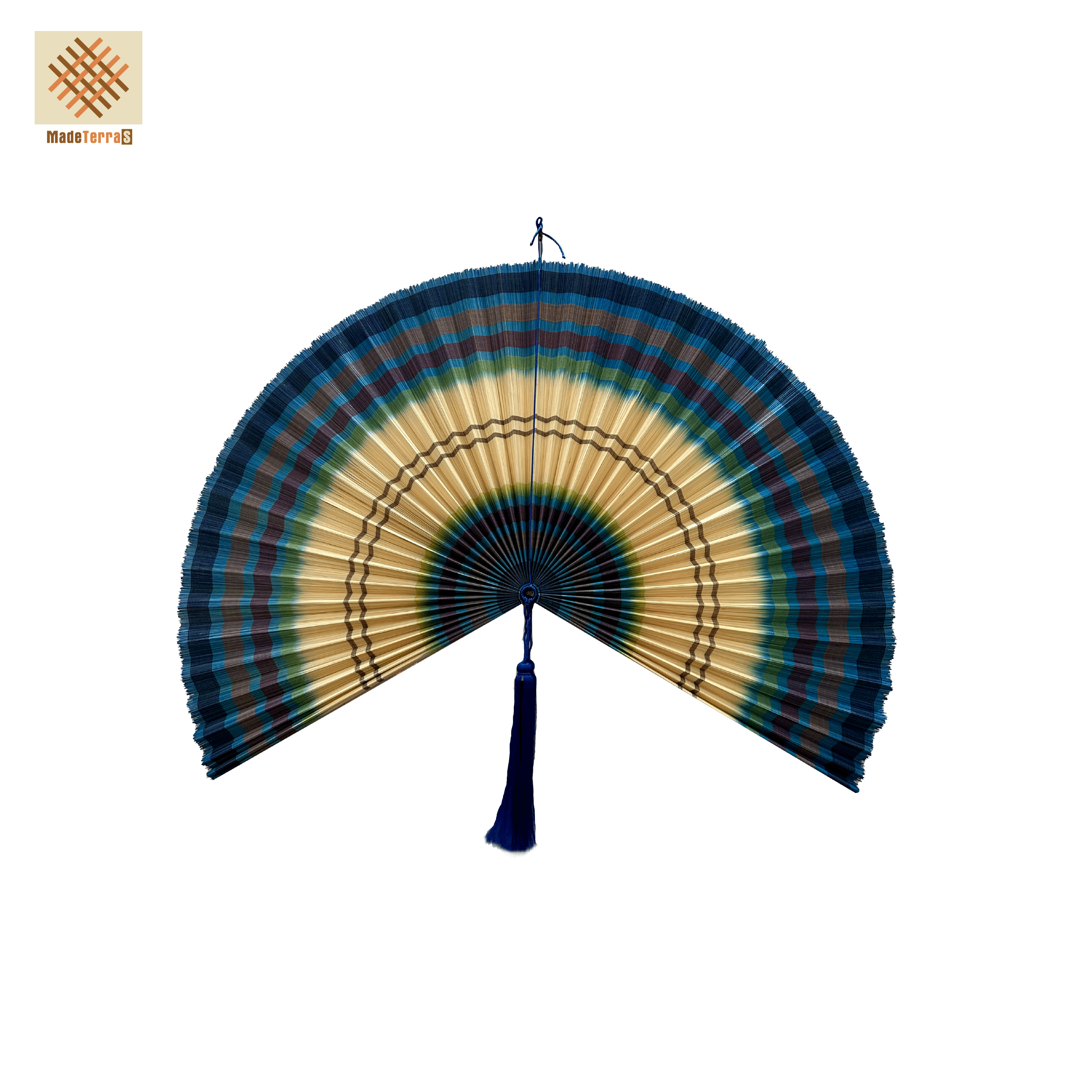 Large Blue and Beige Bamboo Folding Fan Wall Decor